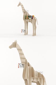 the giraffe is made out of wood and has books on it