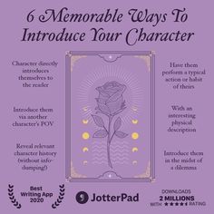 a purple poster with the text 6 memorable ways to introduce your character in literature and writing