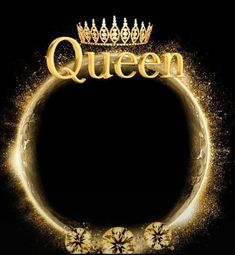 the words queen written in gold on a black background with sparkles and crowns around it