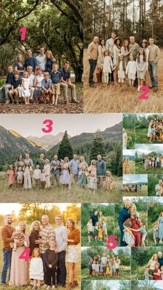 a large group of people are posing for pictures in the woods and mountains with trees