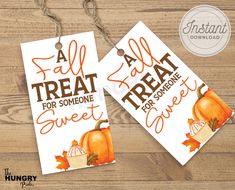 two fall treat tags with pumpkins on them