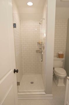 a bathroom with a shower and toilet in it