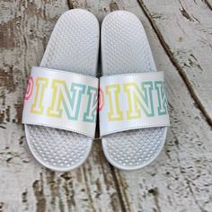 New With Tags Size S (5/6) Eva Upper With Padded Foam Recycled Pvc Outsole Partially Made From Recycled Materials Imported Festival Sandals, Yellow Flip Flops, Logo Flip Flops, Victoria Secret Pink Logo, Pink Flip Flops, Victoria Secret Shoes, Black Strappy Sandals