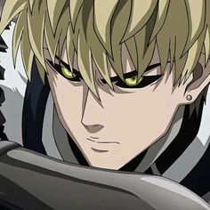 an anime character with blonde hair and green eyes looking at the camera while holding his arm over his shoulder