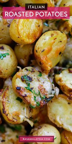 roasted potatoes with parmesan cheese and herbs on top, text overlay reads italian roasted potatoes