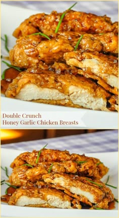 two pictures of chicken with sauce on top and the same image in different stages of cooking