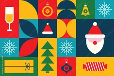 an image of christmas greeting card with holiday decorations and gifts on colorful squares in red, green, blue, yellow and orange