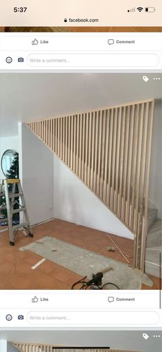 an image of a room being remodeled with wood slats