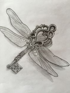 a pencil drawing of a dragonfly with a key attached to it's back