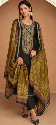 Black and Grey color Salwar Kameez in Satin Silk fabric with Embroidered, Resham, Stone, Thread, Zari work Satin Churidar, Digital Print Dupatta, Buy Salwar Kameez Online, Churidar Suits, Embroidered Pants, Readymade Blouse, Cotton Suits, Embroidery Suits, Chiffon Saree