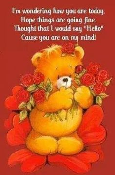 a teddy bear with roses on it's chest and the words, i'm wondering how you are today hope things are going fine thought that i would say hello