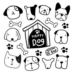 dogs and bones with the words happy dog written in it's center, surrounded by other doodles