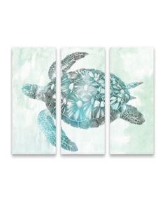 three pieces of art depicting a sea turtle in blue, green and white colors on the wall