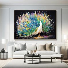 a peacock is standing in front of a white couch