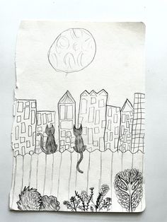 a drawing of two cats sitting on a fence looking at the moon in the sky