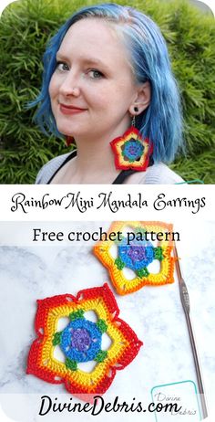 a woman with blue hair wearing colorful crochet earrings