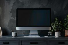 a computer monitor sitting on top of a desk next to a potted plant and books