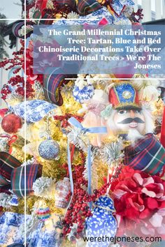 grand millennial christmas tree decor with chinoiserie and tartan Christmas Chinoiserie, Christmas Preppy