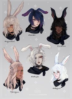 some anime characters with bunny ears and long hair, all in different poses on a gray background