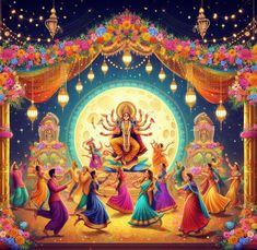 an image of goddess dancing in the middle of a stage with flowers and lanterns around it