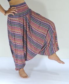 Thai handmade/Red and orange Green stripes Harem Pants/Yoga Boho Pants/Paint design/Drawstring elastic waist/Comfortable/Boho Pant/Trousers.... Cheap Non-stretch Harem Pants For Loungewear, Cheap Harem Pants For Loungewear, Yoga Clothes Boho, Boho Loungewear, Festival Trousers, Harem Pants Pattern, Striped Harem Pants, Harem Pants Jumpsuit, Yoga Harem Pants