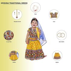 Radha and Krishna Brocade Fabric Janmashtami  This Set Includes 9 Pcs - 1 Dhoti, 1 Ditachable Hip Cover, 1 Mukut, 1 (5 Layer Mala), 1 Kundal, 1 Morpankh, 1 Patka, 1 Basuri, 1 Pair Bajuband.  About this item  ELEGANT RADHAJI DRESS WITH ACCESSORIES: Just as Kirtida dressed her little Radha, your little one can be as adorable as Radha!.  SOFT, LIGHTWEIGHT & SKIN-FRIENDLY FABRIC  UTE & FANCY DRESS FOR ANY OCCASION: Raj Fancy Dresses Radha getup set for kids is perfect for boys and girls. Your baby can wear this Janmashtami dress on occasions like school performances, Bollywood theme parties, Rakhi/Rakshabandhan, first birthday, wedding functions, fancy dress competitions, Garba Parties, Navratri, dance performances or any auspicious Puja occasion. . LIGHTWEIGHT AND DIAPER-FRIENDLY FABRIC: EASY Navratri Celebration Sets With Cutdana Detailing, Festival Celebration Sets With Pallu, Traditional Sets For Navratri Ceremonies, Multicolor Choli For Navratri Celebration, Traditional Pattern Sets For Navratri Ceremonies, Sets With Pallu For Navratri Celebration, Traditional Sets With Motifs For Festivals, Traditional Bandhani Print Sets For Ceremonies, Traditional Festival Sets With Motifs