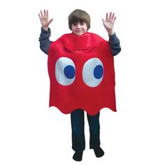 a young boy in a red ponchy costume with big eyes and hands up