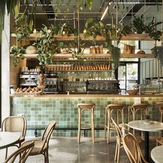 the interior of a restaurant with tables and chairs, plants hanging from the ceiling over the counter