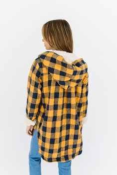 *sale items are final sale. no exceptions. mustard + navy plaid // hood, sherpa lining, rolled sleeves, snap buttons, pockets paired with our step in line denim model is 5'6" + wearing a small measurements are approximate + taken while laying flat small : bust 44” length 33” medium : bust 46” length 34” large : bust 48" length 35" more fit + fabric info : polyester // fabric has little stretch // relaxed fit Hooded Mustard Outerwear For Fall, Mustard Hooded Outerwear For Fall, Love Me Better, Rolled Sleeves, Plaid Jacket, Large Bust, Small Bust, Love Me, Women's Plaid Shirt