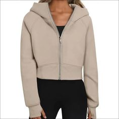 Zip - up Thumb Hole Hooded Sweatshirt - S / Khaki - Hoodies Fall Gym Hooded Sweatshirt, Cozy Hoodie With Zipper For Winter, Cozy Winter Hoodie With Zipper Closure, Fall Sportswear Hooded Hoodie, Fleece Hoodie With Zipper Closure, Cozy Hooded Sweatshirt With Zipper Closure, Fall Gym Hoodie With Zipper Closure, Winter Athleisure Fleece Jacket With Double-lined Hood, Fleece Hooded Jacket For Gym In Fall