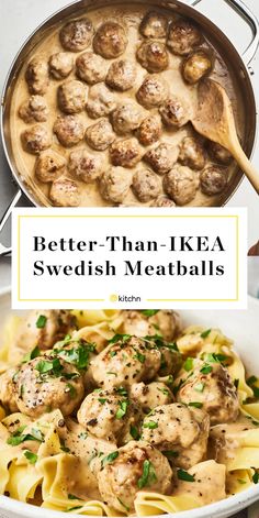 a pan filled with meatballs and sauce next to a bowl full of pasta