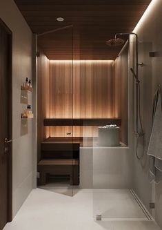 a walk in shower sitting next to a wooden shelf