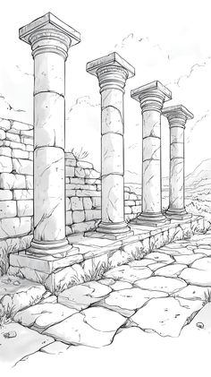 an ink drawing of some pillars in the middle of a stone path with grass and rocks