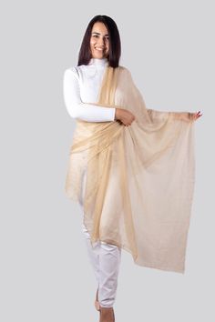 Handmade from start to finish. Made of the Purest Cashmere fibers.Delicate looking scarf that feels soft. 40"x80" / 1mx2m. Light as a feather at 2.5ounces / 70gms Elegant Winter Dupatta Scarf, Cream Silk Dupatta In Traditional Drape, Cream Silk Dupatta With Traditional Drape, Festive Cream Shawl Dupatta, Festive Cream Dupatta Shawl, Beige Pashmina Dupatta, Beige Pashmina Shawl With Traditional Drape Dupatta, Beige Pashmina Scarf For Wedding, Festive Cream Shawl-style Dupatta