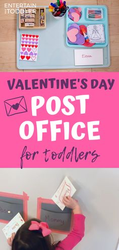 valentine's day post office for toddlers with the title overlay that reads valentine's day post office for toddlers