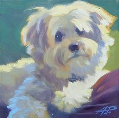 a painting of a white dog sitting on top of a purple pillow and looking at the camera