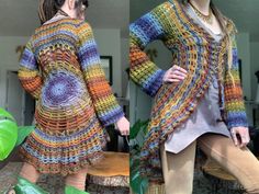 two pictures of a woman wearing a multicolored crocheted cardigan