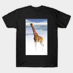 a giraffe standing in the snow with clouds behind it