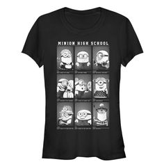 a women's black t - shirt with the minions high school characters on it