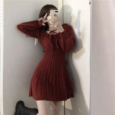 2023 Sweet Knitted Dress Women Autumn Winter Elegant Dress Female Red French Style Party Dress Korean Party Dress, Japanese Style Dress, Red Knit Dress, Varsity Jacket Women, Red Christmas Dress, Floral Swimwear, Academia Clothes, Defined Waist, Christmas Outfits Women