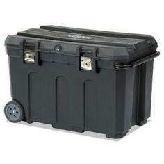 a large black plastic box with wheels