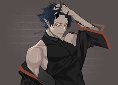 an anime character with blue hair wearing a black dress and holding his hands on his head