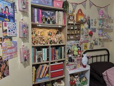 a bed room with a book shelf filled with lots of books