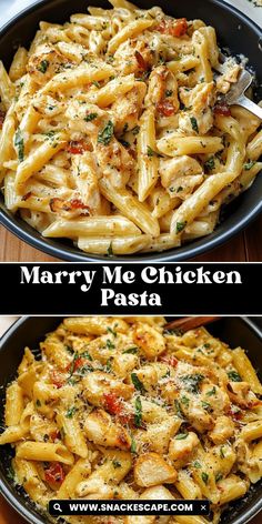 two pictures of pasta with chicken and parmesan cheese in a skillet on the side