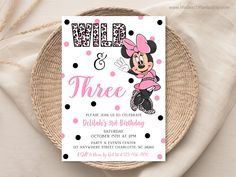 a minnie mouse birthday party with pink and black polka dots on the bottom, white background