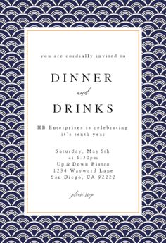 a blue and white wedding card with the words dinner and drinks written in black ink