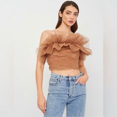 Show Stopping Perfect Going Out Top! Pair With Jeans Or Leather Leggings! Brown Evening Top For Spring, Chic Brown Party Top, Brown Zara Top For Party, Zara Brown Party Tops, Ruffled Crop Top, Black Crop Tee, Turtle Neck Crop Top, Organza Top, Linen Crop Top