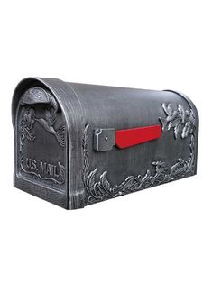 a mailbox with a red handle on it