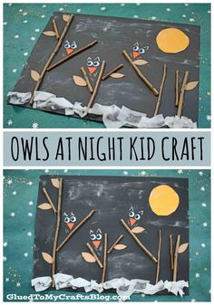 owls at night kid craft made out of paper and sticks with the words owls at night on