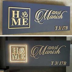 two signs that are on the side of a wall and one is illuminated with gold lettering